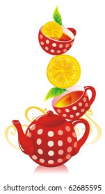 Teapot, cups with tea and a lemon