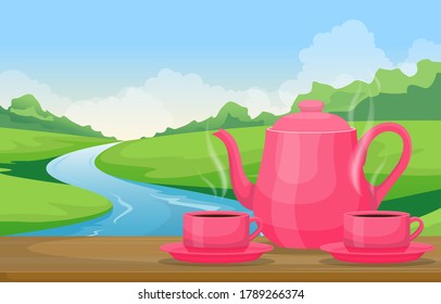 Teapot Cups of Tea on Table Outdoor Nature Landscape River View Illustration