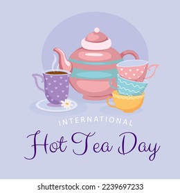 Tetera, tazas y texto INTERNACIONAL HOT TEA DAY sobre fondo lilac