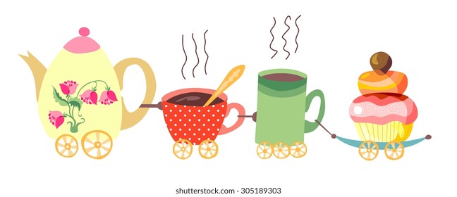 Teapot and cups train. Cute vector illustration.