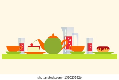 Teapot and cups vector, cake and water soda served on table. Dessert with cherry berry on top, sweet drinks poured in jar and glasses, kettle with tea