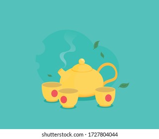 Teapot and cups. Vector illustration in flat style isolated on color background