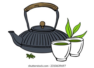 Teapot and cups. Vector illustration. Organic green tea, matcha, tea leaves,  traditional cup, tools for Japanese ceremony. Tea ceremony. Healthy drink