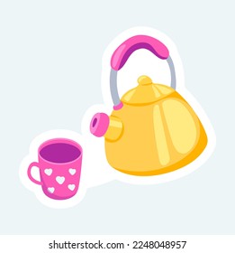 Teapot and cute cup for tea or coffee. Cozy home elements. Vector illustration in cartoon sticker design