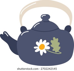 Um bule de chá com um design de margarida e folha em um estilo suave e limpo. A chaleira apresenta um padrão de flores e folhagem na sua superfície. Ilustração de vetor de desenhos animados.