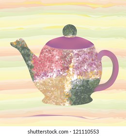 Teapot with decorative grunge stained pattern isolated on seamless striped colorful background
