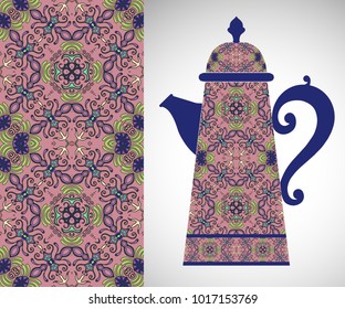 Teapot with decorative ornament and vertical floral geometric seamless pattern, hand drawn repeating texture for Wedding, Bridal, Valentine's day or Birthday Invitations. Fabric or paper print