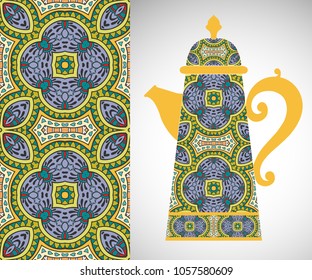 Teapot with decorative ornament and vertical floral geometric seamless pattern, hand drawn repeating texture for Wedding, Bridal, Valentine's day or Birthday Invitations. Fabric or paper print