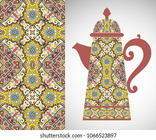 Teapot with decorative ornament and vertical floral geometric seamless pattern, hand drawn repeating texture for Wedding, Bridal, Valentine's day or Birthday Invitations. Fabric or paper print