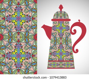 Teapot with decorative ornament and vertical floral geometric seamless pattern, hand drawn repeating texture for Wedding, Bridal, Valentine's day or Birthday Invitations. Fabric or paper print