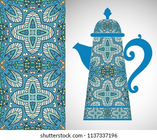 Teapot with decorative ornament and vertical floral geometric seamless pattern, hand drawn repeating texture for Wedding, Bridal, Valentine's day or Birthday Invitations. Fabric or paper print