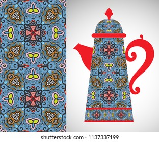 Teapot with decorative ornament and vertical floral geometric seamless pattern, hand drawn repeating texture for Wedding, Bridal, Valentine's day or Birthday Invitations. Fabric or paper print