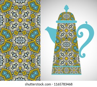 Teapot with decorative ornament and vertical floral geometric seamless pattern, hand drawn repeating texture for Wedding, Bridal, Valentine's day or Birthday Invitations. Fabric or paper print