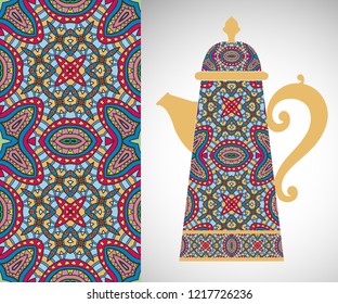 Teapot with decorative ornament and vertical floral geometric seamless pattern, hand drawn repeating texture for Wedding, Bridal, Valentine's day or Birthday Invitations. Fabric or paper print