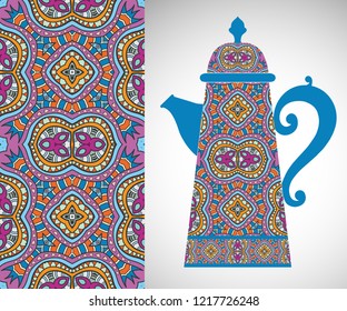 Teapot with decorative ornament and vertical floral geometric seamless pattern, hand drawn repeating texture for Wedding, Bridal, Valentine's day or Birthday Invitations. Fabric or paper print