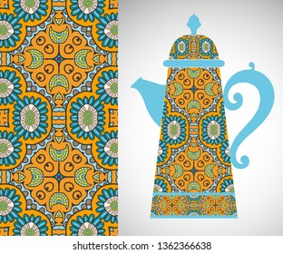 Teapot with decorative ornament and vertical floral geometric seamless pattern, hand drawn repeating texture for Wedding, Bridal, Valentine's day or Birthday Invitations. Fabric or paper print