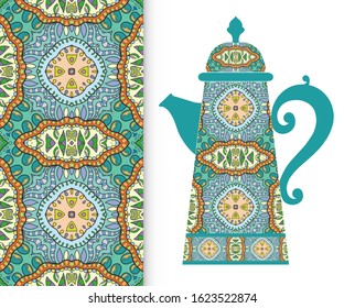 Teapot with decorative ornament and vertical floral geometric seamless pattern, hand drawn repeating texture for Wedding, Bridal, Valentine's day or Birthday Invitations. Fabric or paper print