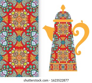 Teapot with decorative ornament and vertical floral geometric seamless pattern, hand drawn repeating texture for Wedding, Bridal, Valentine's day or Birthday Invitations. Fabric or paper print