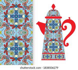 Teapot with decorative ornament and vertical floral geometric seamless pattern, hand drawn repeating texture for Wedding, Bridal, Valentine's day or Birthday Invitations. Fabric or paper print