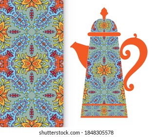 Teapot with decorative ornament and vertical floral geometric seamless pattern, hand drawn repeating texture for Wedding, Bridal, Valentine's day or Birthday Invitations. Fabric or paper print