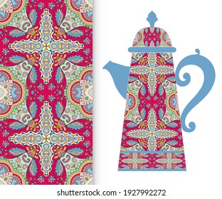 Teapot with decorative ornament and vertical floral geometric seamless pattern, hand drawn repeating texture for Wedding, Bridal, Valentine's day or Birthday Invitations. Fabric or paper print