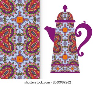 Teapot with decorative ornament and vertical floral geometric seamless pattern, hand drawn repeating texture for Wedding, Bridal, Valentine's day or Birthday Invitations. Fabric or paper print