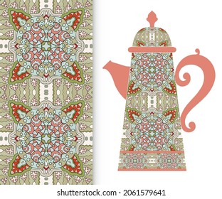 Teapot with decorative ornament and vertical floral geometric seamless pattern, hand drawn repeating texture for Wedding, Bridal, Valentine's day or Birthday Invitations. Fabric or paper print