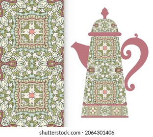 Teapot with decorative ornament and vertical floral geometric seamless pattern, hand drawn repeating texture for Wedding, Bridal, Valentine's day or Birthday Invitations. Fabric or paper print