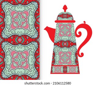 Teapot with decorative ornament and vertical floral geometric seamless pattern, hand drawn repeating texture for Wedding, Bridal, Valentine's day or Birthday Invitations. Fabric or paper print