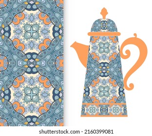 Teapot with decorative ornament and vertical floral geometric seamless pattern, hand drawn repeating texture for Wedding, Bridal, Valentine's day or Birthday Invitations. Fabric or paper print