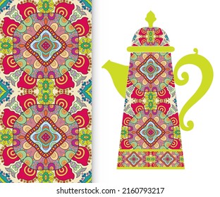 Teapot with decorative ornament and vertical floral geometric seamless pattern, hand drawn repeating texture for Wedding, Bridal, Valentine's day or Birthday Invitations. Fabric or paper print