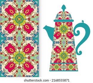 Teapot with decorative ornament and vertical floral geometric seamless pattern, hand drawn repeating texture for Wedding, Bridal, Valentine's day or Birthday Invitations. Fabric or paper print