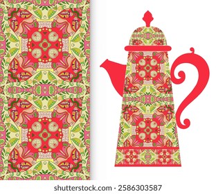 Teapot with decorative ornament and vertical floral geometric seamless pattern, hand drawn repeating texture for Wedding, Bridal, Valentine's day or Birthday Invitations. Fabric or paper print