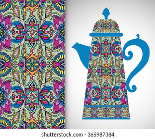 Teapot with decorative ornament and vertical floral geometric seamless pattern, hand drawn repeating texture for Wedding, Bridal, Valentine's day or Birthday Invitations. Fabric or paper print