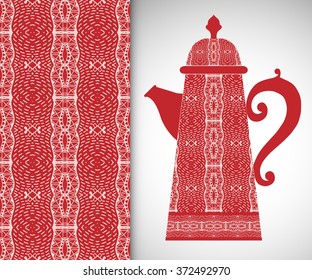 Teapot with decorative ornament and vertical floral geometric seamless pattern, hand drawn repeating texture for Wedding Bridal, Valentine's day or Birthday Invitations. Home decor vector illustration