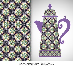 Teapot with decorative ornament and vertical floral geometric seamless pattern, hand drawn repeating texture for Wedding, Bridal, Valentine's day or Birthday Invitations. Fabric or paper print