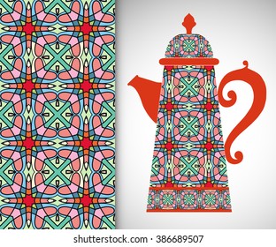 Teapot with decorative ornament and vertical floral geometric seamless pattern, hand drawn repeating texture for Wedding, Bridal, Valentine's day or Birthday Invitations. Fabric or paper print