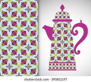 Teapot with decorative ornament and vertical floral geometric seamless pattern, hand drawn repeating texture for Wedding, Bridal, Valentine's day or Birthday Invitations. Fabric or paper print