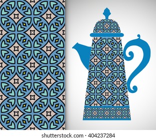 Teapot with decorative ornament and vertical floral geometric seamless pattern, hand drawn repeating texture for Wedding, Bridal, Valentine's day or Birthday Invitations. Fabric or paper print