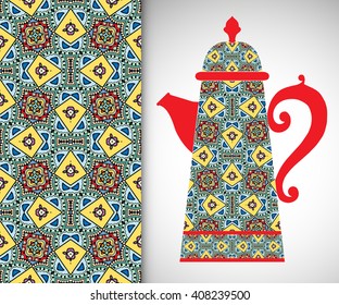 Teapot with decorative ornament and vertical floral geometric seamless pattern, hand drawn repeating texture for Wedding, Bridal, Valentine's day or Birthday Invitations. Fabric or paper print