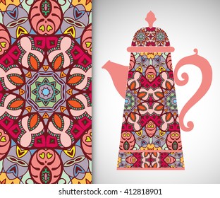 Teapot with decorative ornament and vertical floral geometric seamless pattern, hand drawn repeating texture for Wedding, Bridal, Valentine's day or Birthday Invitations. Fabric or paper print