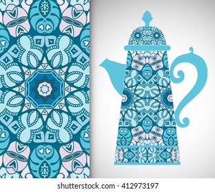 Teapot with decorative ornament and vertical floral geometric seamless pattern, hand drawn repeating texture for Wedding, Bridal, Valentine's day or Birthday Invitations. Fabric or paper print