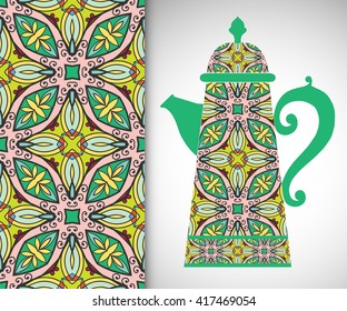 Teapot with decorative ornament and vertical floral geometric seamless pattern, hand drawn repeating texture for Wedding, Bridal, Valentine's day or Birthday Invitations. Fabric or paper print