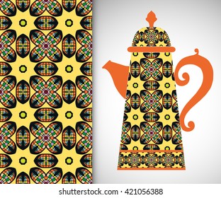Teapot with decorative ornament and vertical floral geometric seamless pattern, hand drawn repeating texture for Wedding, Bridal, Valentine's day or Birthday Invitations. Fabric or paper print