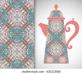 Teapot with decorative ornament and vertical floral geometric seamless pattern, hand drawn repeating texture for Wedding, Bridal, Valentine's day or Birthday Invitations. Fabric or paper print