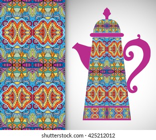 Teapot with decorative ornament and vertical floral geometric seamless pattern, hand drawn repeating texture for Wedding, Bridal, Valentine's day or Birthday Invitations. Fabric or paper print