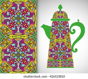 Teapot with decorative ornament and vertical floral geometric seamless pattern, hand drawn repeating texture for Wedding, Bridal, Valentine's day or Birthday Invitations. Fabric or paper print