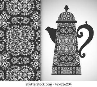 Teapot with decorative ornament and vertical floral geometric seamless pattern, hand drawn repeating lace texture for Cards or Invitations, fabric or paper print. Black and white lace background