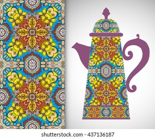 Teapot with decorative ornament and vertical floral geometric seamless pattern, hand drawn repeating texture for Wedding, Bridal, Valentine's day or Birthday Invitations. Fabric or paper print