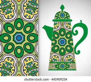 Teapot with decorative ornament and vertical floral geometric seamless pattern, hand drawn repeating texture for Wedding, Bridal, Valentine's day or Birthday Invitations. Fabric or paper print